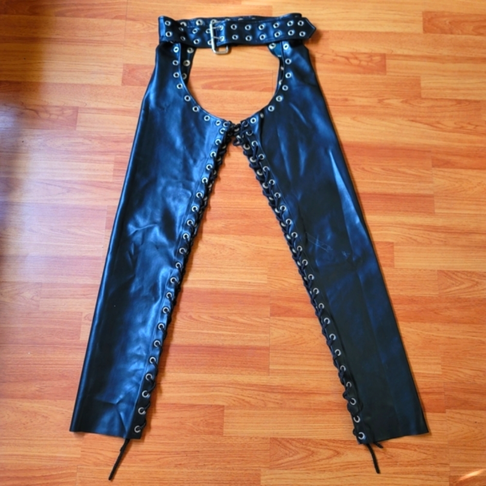 Vintage 1990 Vinyl HOT Motorcycle Chaps Women Daddy Fetish LGBTQ Black OS